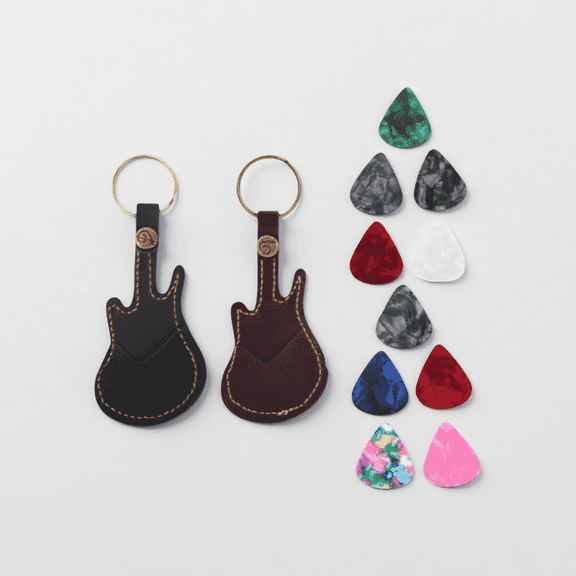 2 pcs set PU Leather Guitar Plectrum Holder Guitar Shaped Guitar Picks Holder with 10 pcs Picks for Bass, Electric & Acoustic Guitars