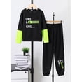 thumbnail image 3 of Mikrdoo Big Boys Fall Winter 8Y,9Y,10Y,11-12Y,13-14Y Kid Boys Pants Sets Letter Graphics Long Sleeve Splice Pullover Tops Elastic Trousers 2Pcs Casual Clothing Black, 3 of 8