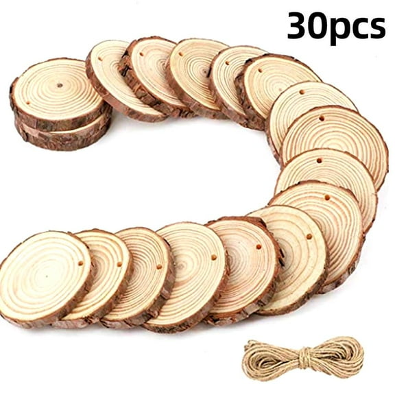 30PCS Natural Wood Slices Unfinished Wooden Log Kit with Rope, Predrilled Round Wood Circles for DIY Crafts, Painting, Wedding Decorations，Ornaments