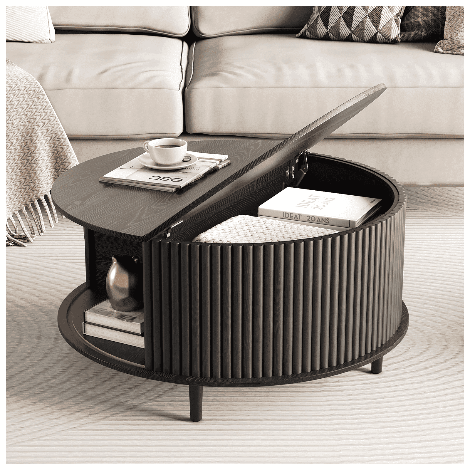 JOINICE Round Coffee Table with Hidden Compartment and Open Storage Shelf,Fluted Waveform Panel Coffee Table for Living Room,Black