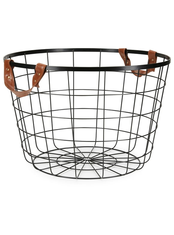 Mainstays Large Round Wire Basket with Handles, Black