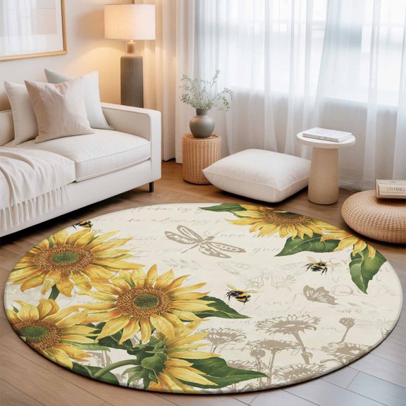 Round Area Rug for Living Room Bedroom, Watercolor Sunflower Bee Dragonfly Round Rugs Non-slip Floor Carpet, Country Floral Retro Letter Soft Washable Circle Rug 3ft