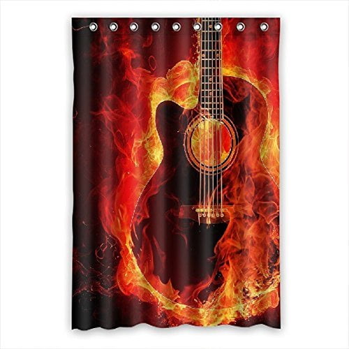 Burning Fire Guitar Music Shower Curtain Set Waterproof Fabric Bathroom Hooks 