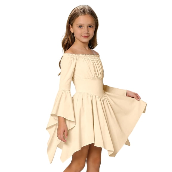 RUTAYY Children Girls Dress Solid Color Long Sleeve Casual Off Shoulder Ruffle Hem Summer Comfortable Breathable Travel Elegant Dresses