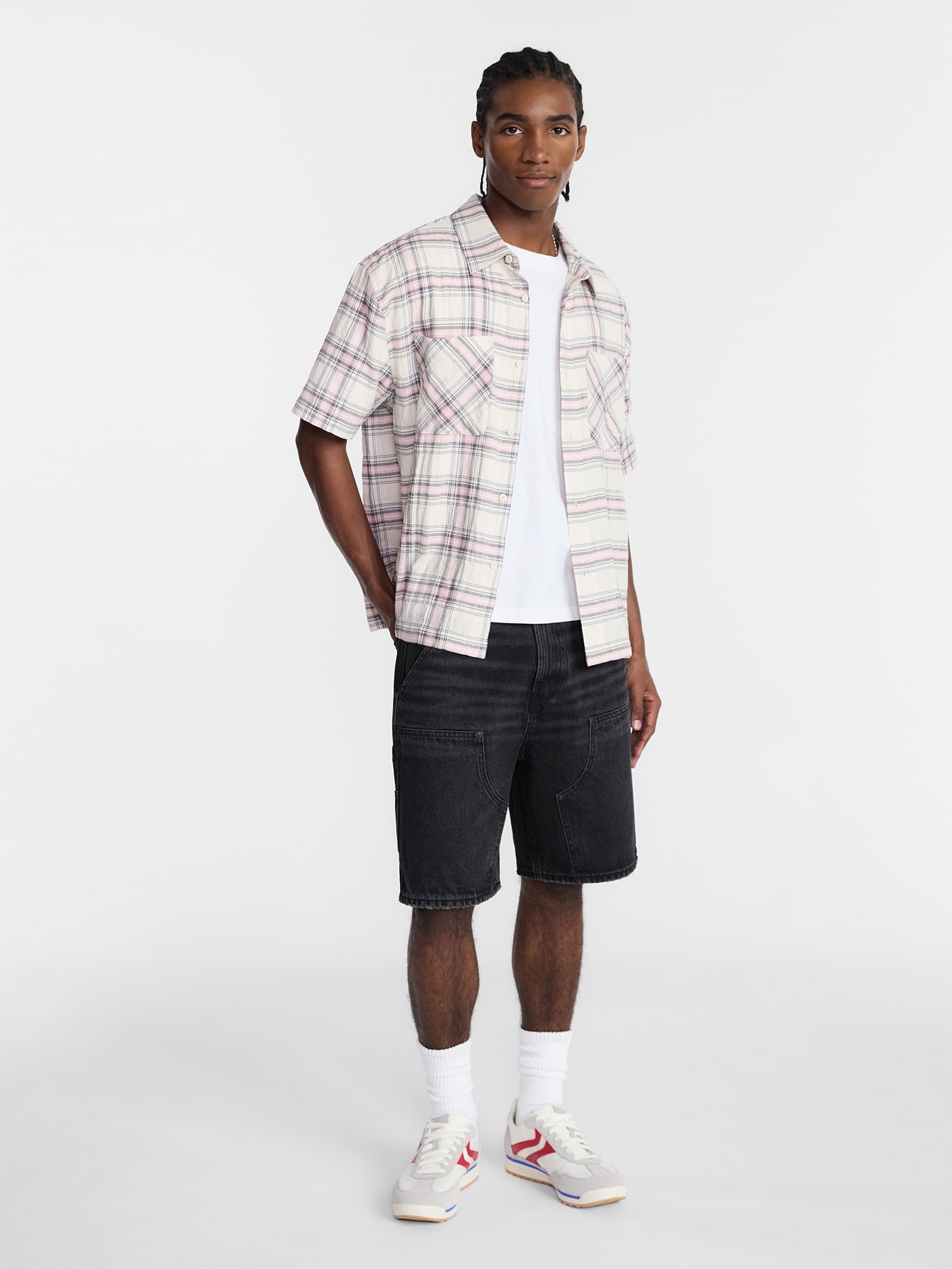 No Boundaries Textured Plaid Button Front Shirt with Short Sleeves, Men's XS-5XL