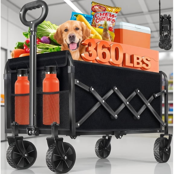 Foldable Wagon Cart with Wheels, Collapsible Beach Wagon, 360 LBS Capacity, Heavy Duty Folding Wagons for Beach, Camping, Sports, Garden, Black, 2 Cup Holders