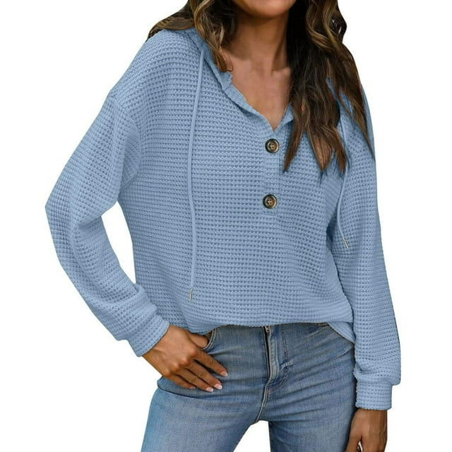 Women‘s V Neck Hoodies Half Button Raglan Sleeve Sweatshirt Drawstring Pullover Tops