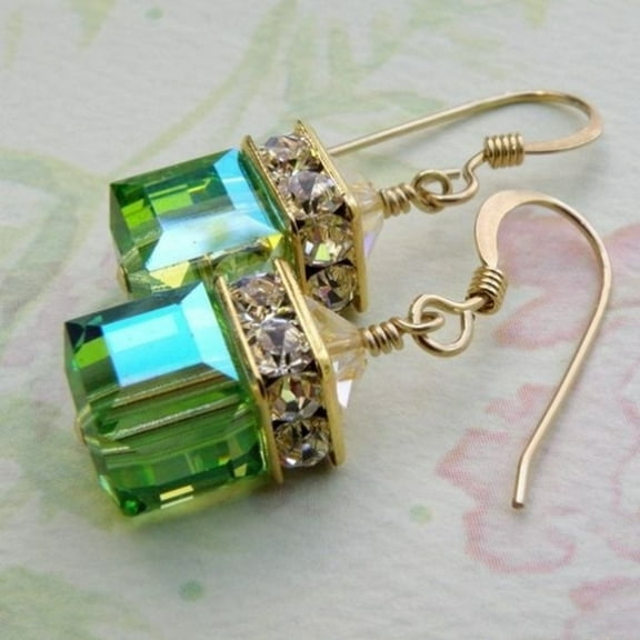 Naierhg Fashion Women Faux Gemstone Rhinestone Square Dangle Drop Hook Earrings Jewelry Green