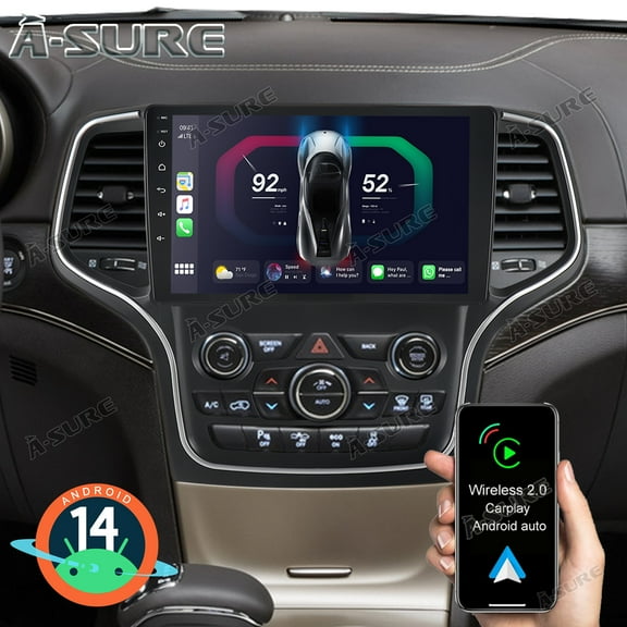 10.1" Android 14 Car Stereo for Jeep Grand Cherokee Trackhawk WK2 2014-2020 (8.4" OEM Screen), 2 32GB Radio with CarPlay/Android Auto/GPS Navi/Wi-Fi/BT 5.0/SWC/DSP