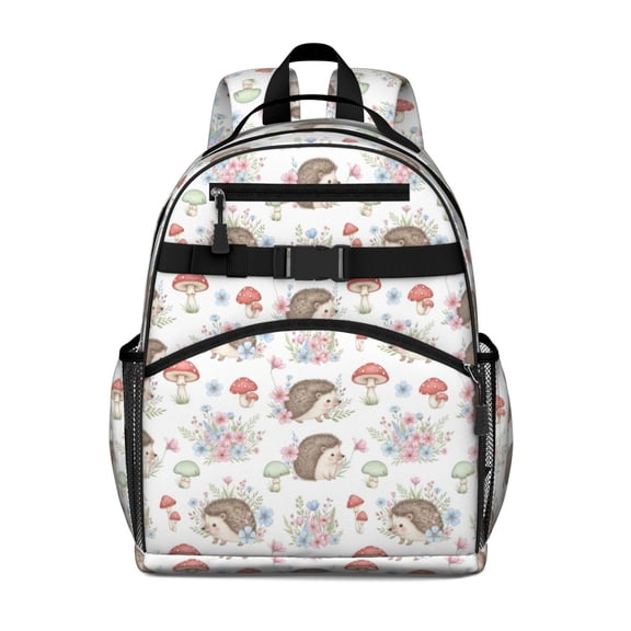 Hedgehog and Flower White Pattern Cute School Backpack Bag for School with Padded Back and Adjustable Shoulder Straps 15.25"x11.5"x5.25"