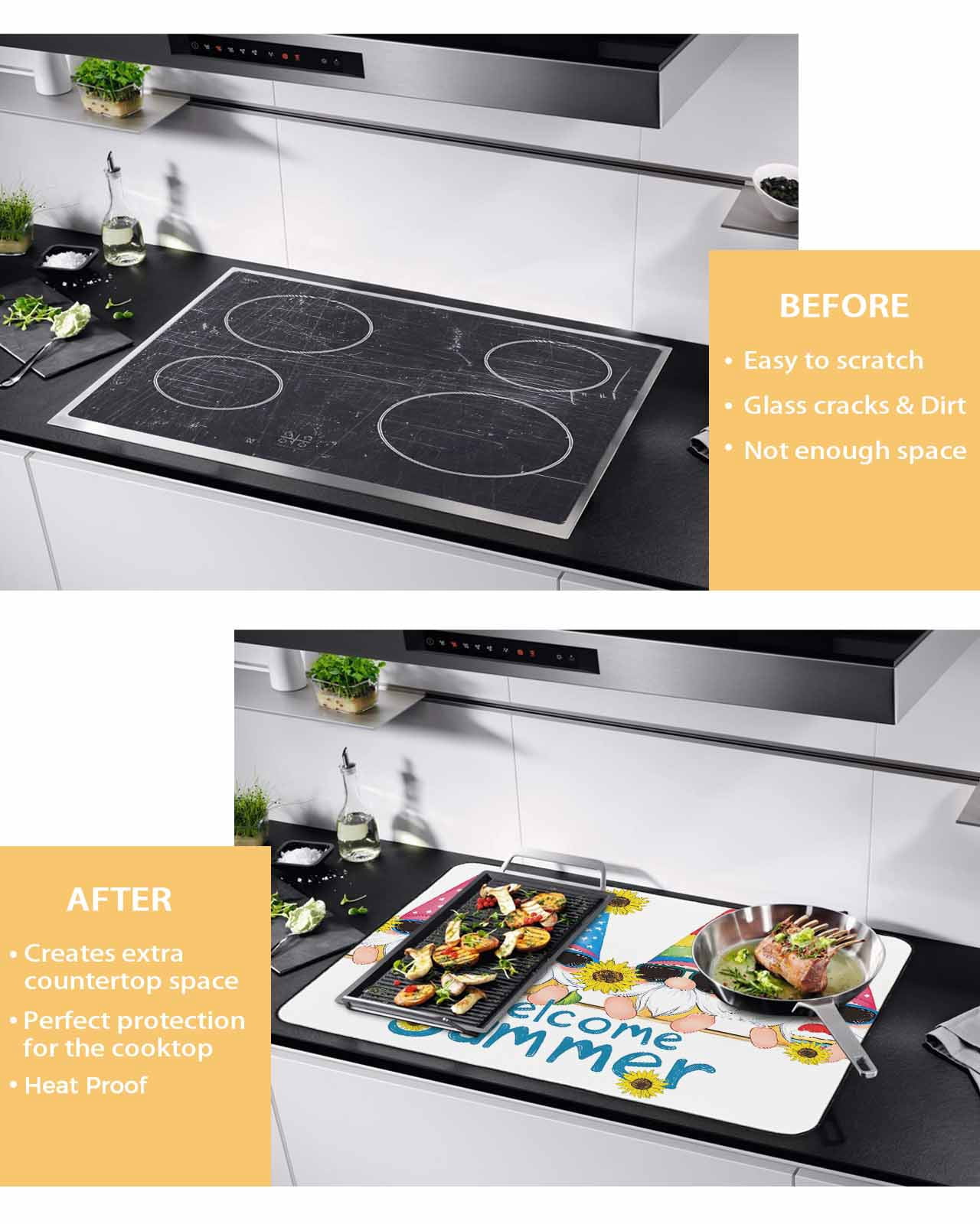 nqOlkjepod Large Induction Cooktop Protector Mat 24"x21", Sunflower Gnomes Stove Top Covers for Electric Stove, Summer Farmhouse Botanical Yellow Pink Stove Burner Cover Mats, Glass Top Stove Cover