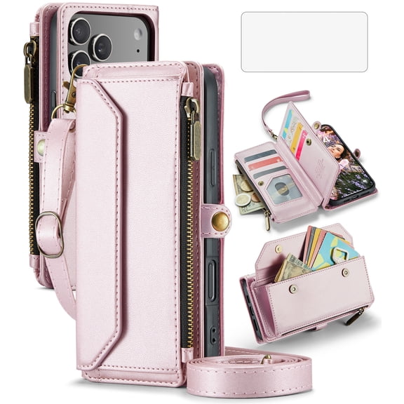 Compatible with iPhone 17 Pro Max 6.9 inch Zipper Wallet Phone Case Tempered Glass Screen Protector Crossbody Lanyard Strap Flip Card Holder Slot Cell Cover for i Phone17 17Pro i17PM Women Rose Gold