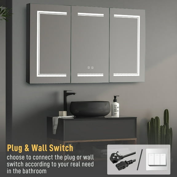 SalonMore LED Lighted Bathroom Wall Cabinet with Mirror, 48x28 Inch Medicine Cabinet with Light & 3-Tier Shelves, Single Door, Defogger, Dimmable, Memory function, Outlets & USB, Black