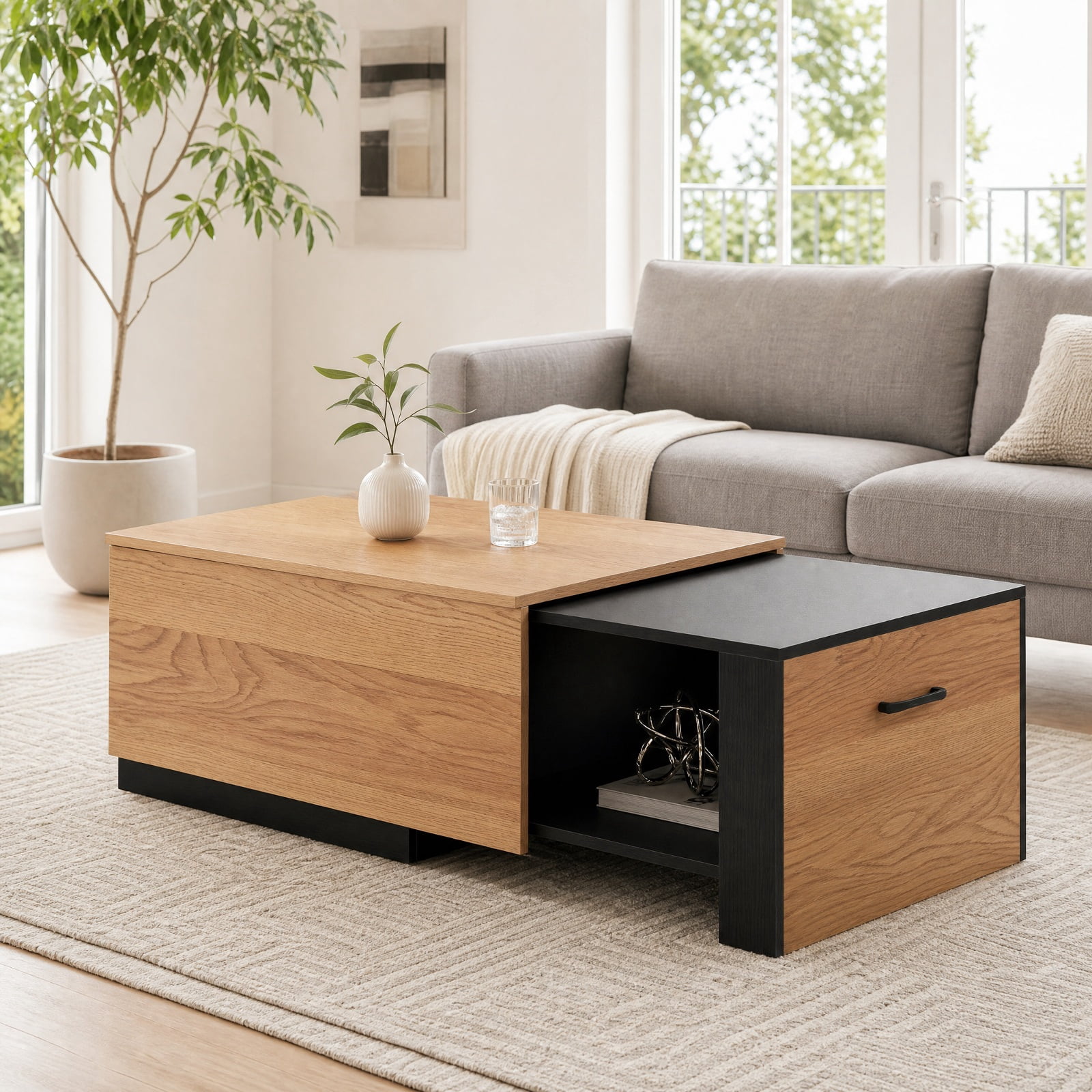 Furnibear Extendable 2-Tier Coffee Table with Concealed Storage Compartment and Bottom Shelf for Living Room and Small Space, Natural