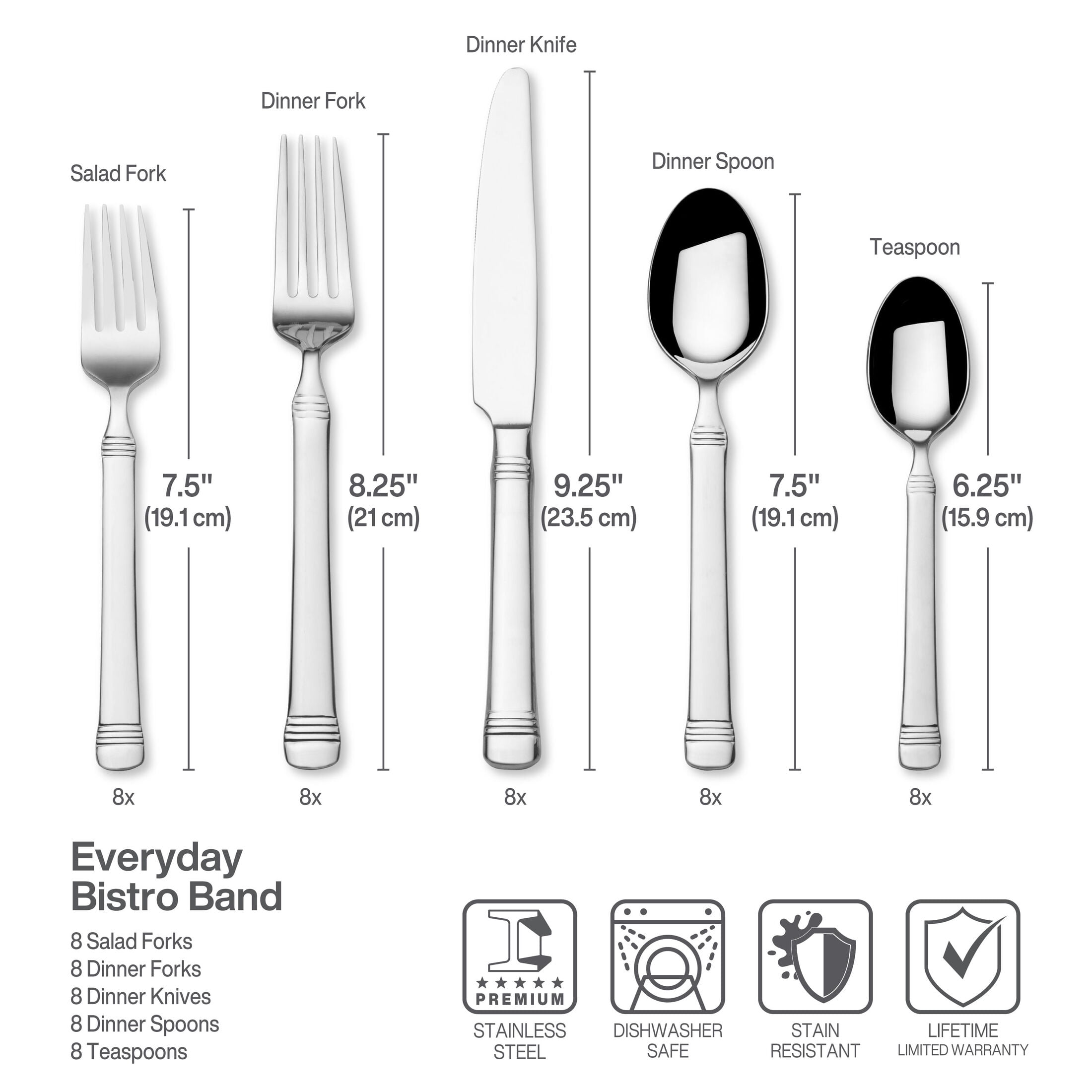 Fitz and Floyd Everyday Bistro Band 45-Piece Forged Stainless Steel Flatware Set, (Service for 8)
