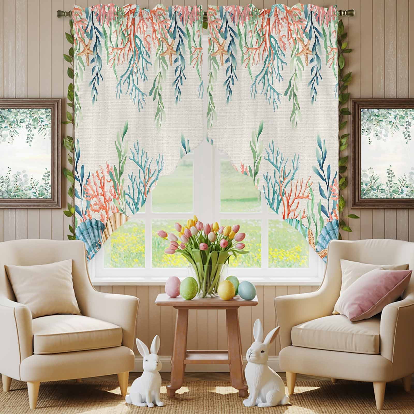 Summer Beach Swag Kitchen Curtain Valances, Ocean Colorful Coral Shell Seaweed Starfish Linen Rod Pocket Curtains Window Treatment Decor Valances for Bedroom Bathroom, 2 Panels 36 x 45 Inch