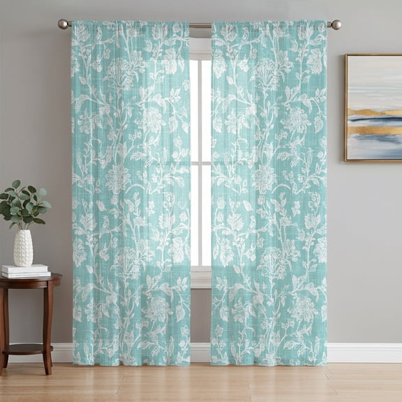 Botanical Rose Sheer Curtains 84 Inches Long, Vintage Teal Green Floral Leaf Summer Farmhouse Light Filtering Window Curtains for Living Room, Rod Pocket Voile Chiffon Drapes, 52"W x 84"L, 2 Panels