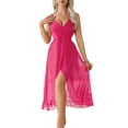 thumbnail image 2 of Nmnitkp Women's Mesh Backless Spaghetti Strap Deep V Maxi Nightgown, Flowy Ruffle Hem Slit Sleepwear, Elegant Loungewear for Summer & Party Hot Pink,L, 2 of 4