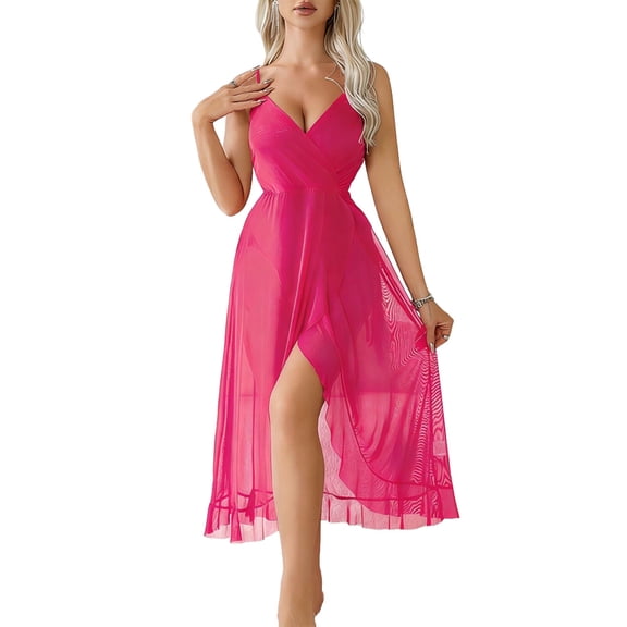 PUMISAS Sleeping Skirt For Women Sleeveless Nightgowns Back Hollowed-Out Nightshirt Deep V-Neck Sleepshirts Solid Color Sleepwear Casual Sling Long Pajama Dress