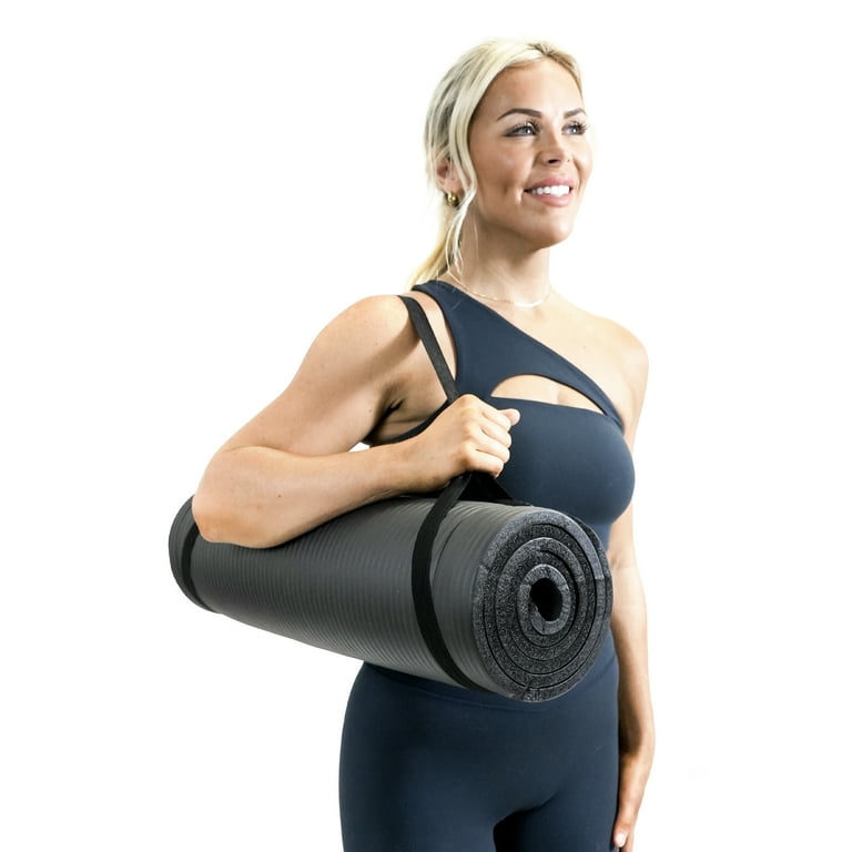 PRCTZ All Purpose Workout Foam Exercise Yoga Mat 12mm Thickness 72 in x 24 in NBR Foam Non Slip Carry Strap Black
