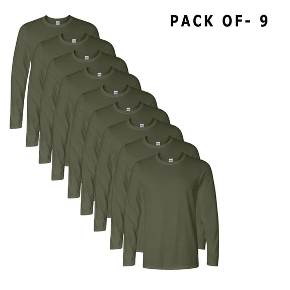Gildan - Men's Softstyle Long Sleeve T-Shirt Made with 4.5 Oz./yd² (Us) 100% Ring-Spun Cotton, 30 Singles | Pack of 9 | Size S - Military Green Color Tee