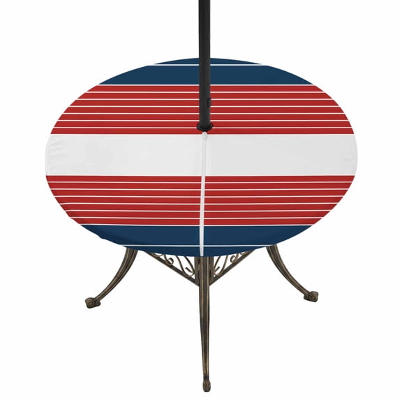 Round Outdoor Tablecloth with Umbrella Hole and Zipper, Navy Blue Red Stripe Tablecloth with Elastic Waterproof, Modern Art Horizontal Striped Patio Table Covers for 31" - 35" Picnic Pool Tables
