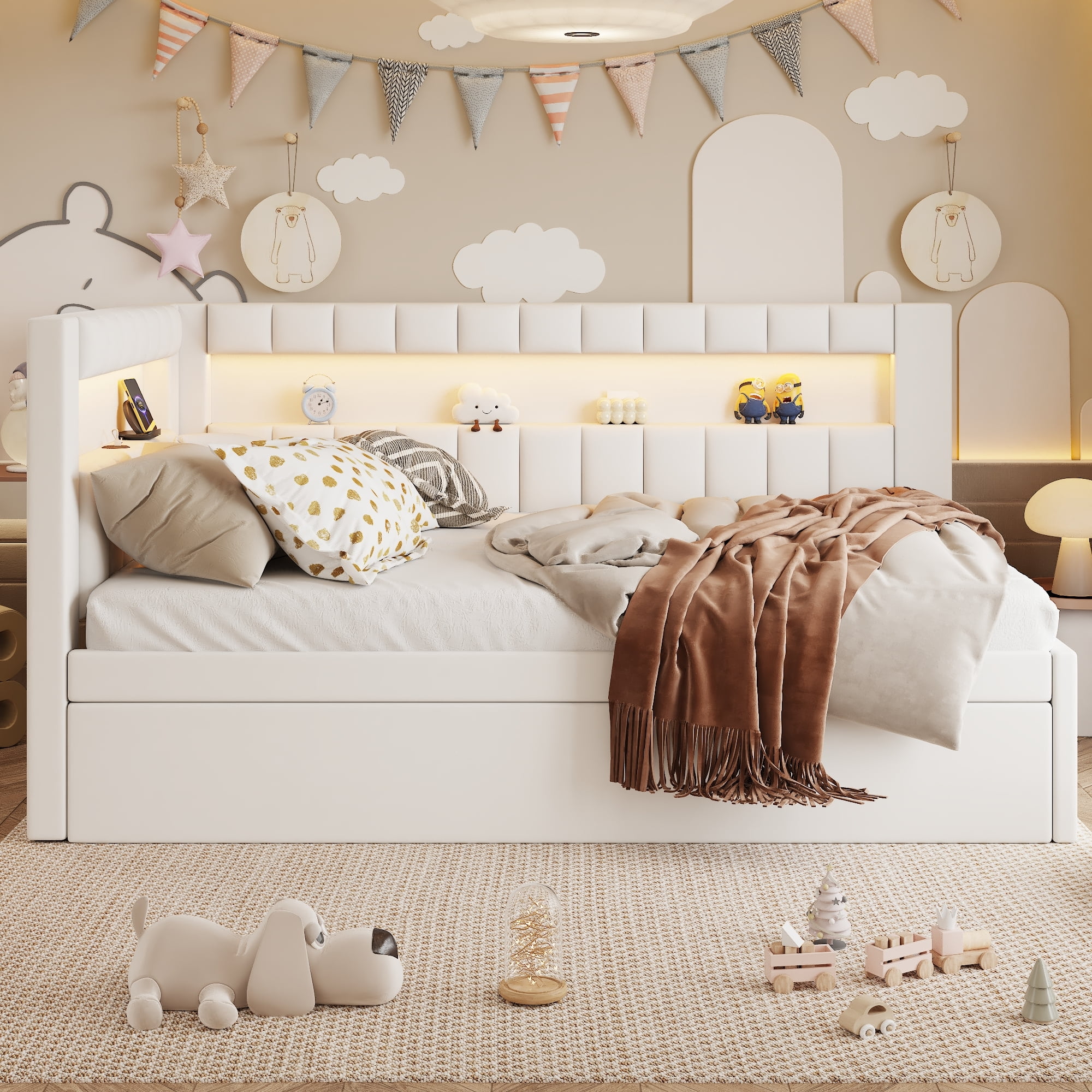 Euroco Upholstered Twin Size Daybed with Trundle, USB Charging Station and LED Light, White