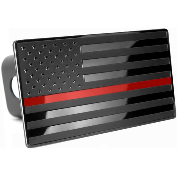 LFPartS USA Flag Emblem Metal Trailer Hitch Cover (Fits 2" Receivers, Black with Red Line)