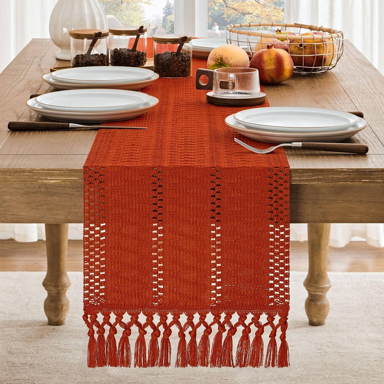 Boho Table Runner, Macrame Style Ivory Table Runners Farmhouse Woven Home Decor, 12x48 Inch, Dark Orange