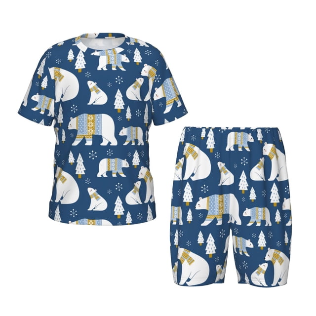 Lsque Ensemble de Pyjama Léger 2 Pcs en Coton Ajusté avec Haut à Manches et Shorts Motif Ours d'Hiver Mignon pour Filles-4TG
