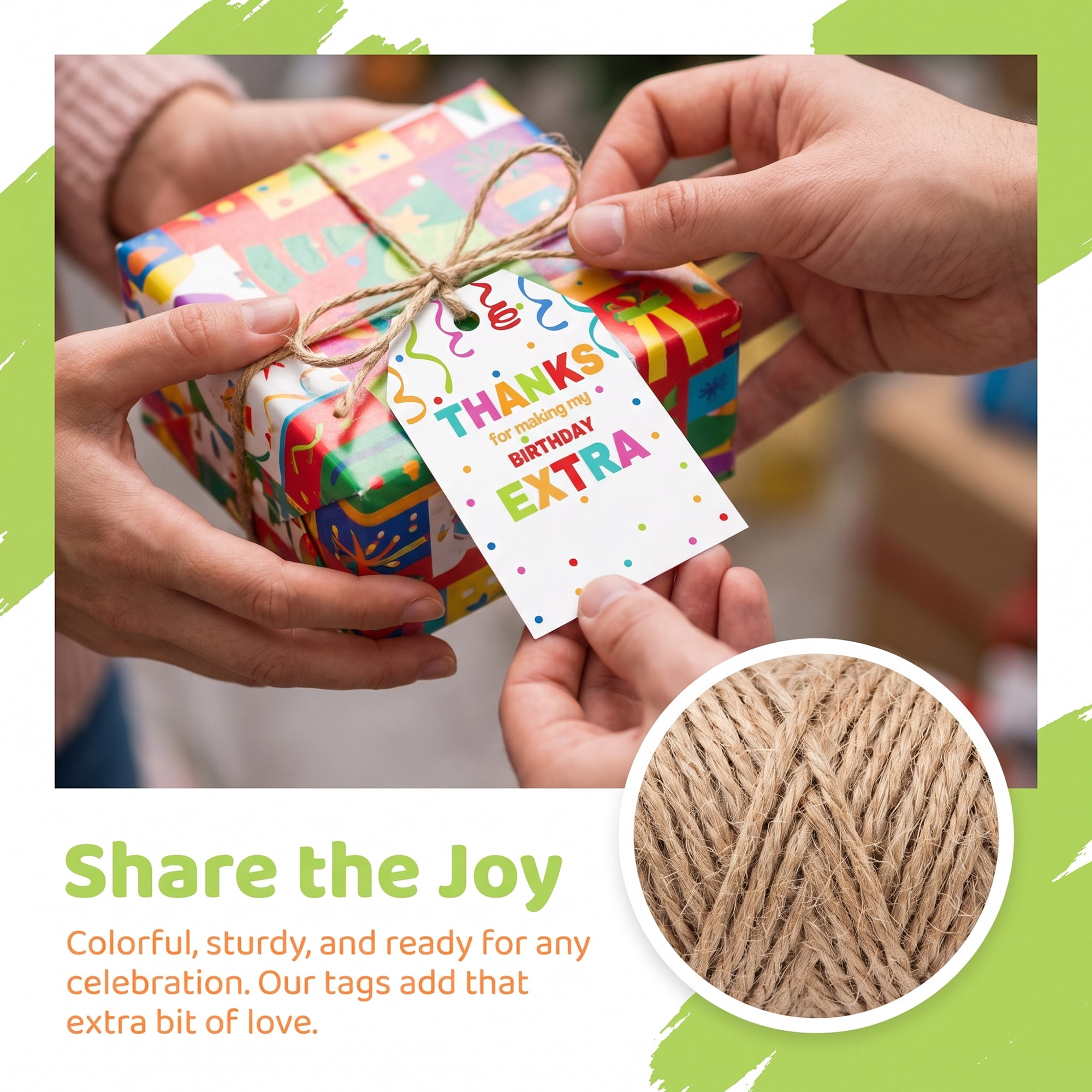 Unique Bargains Vibrant Birthday Gift Tags with Jute Twine Thank You Pattern 2.2" x 3.3"