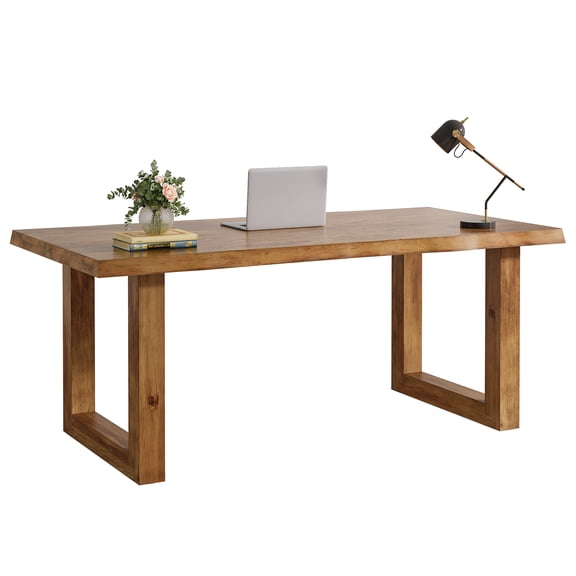 Finmind Solid Wood Office Desk, 63 inch Large Farmhouse Executive Desk, Pine Wood Computer Table for Office, Conference Room, Brown