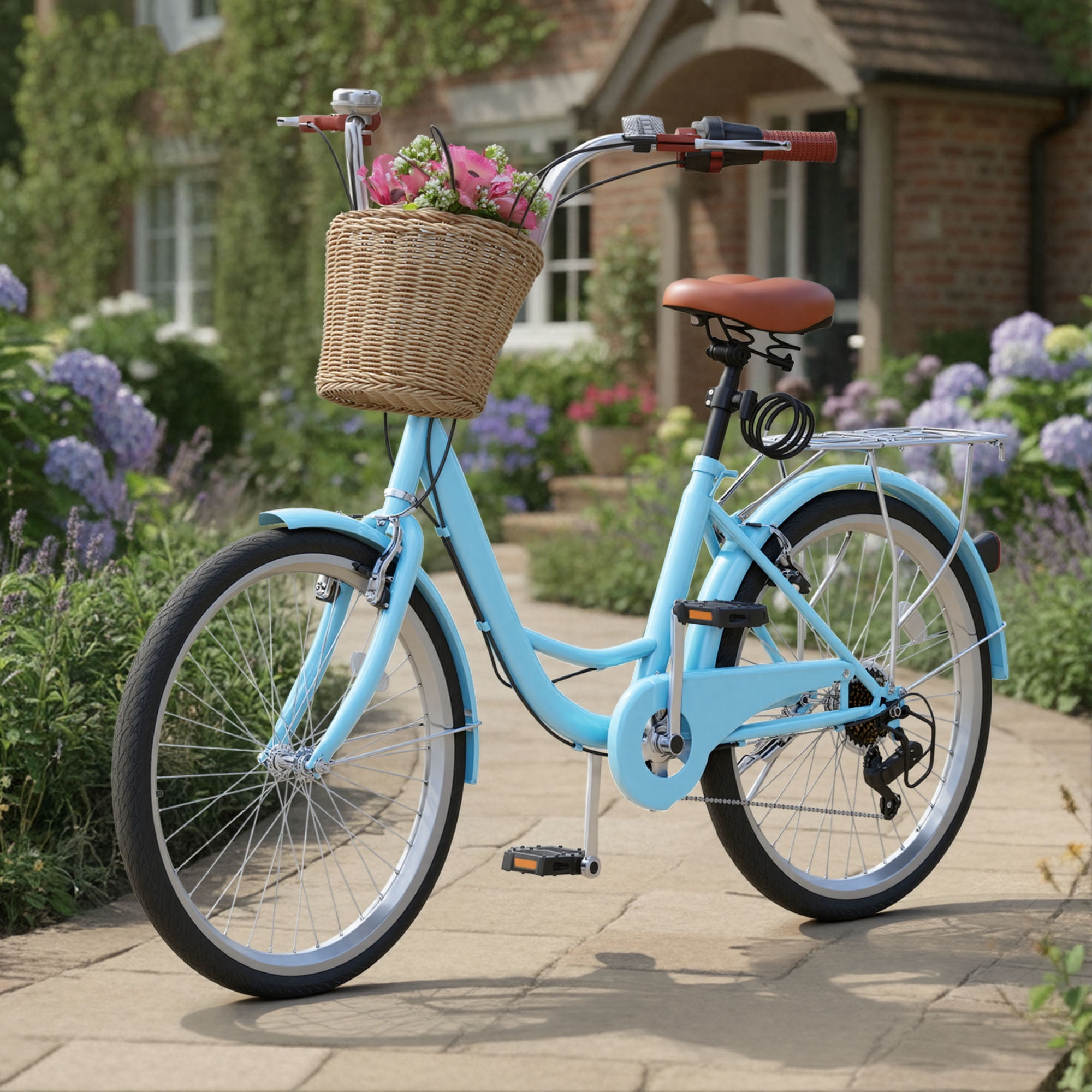 Uforic 24" Beach Cruiser Bike for Women, 7-Speed Adjustable Seat Bike Bicycle for Adult City Commuter, Blue