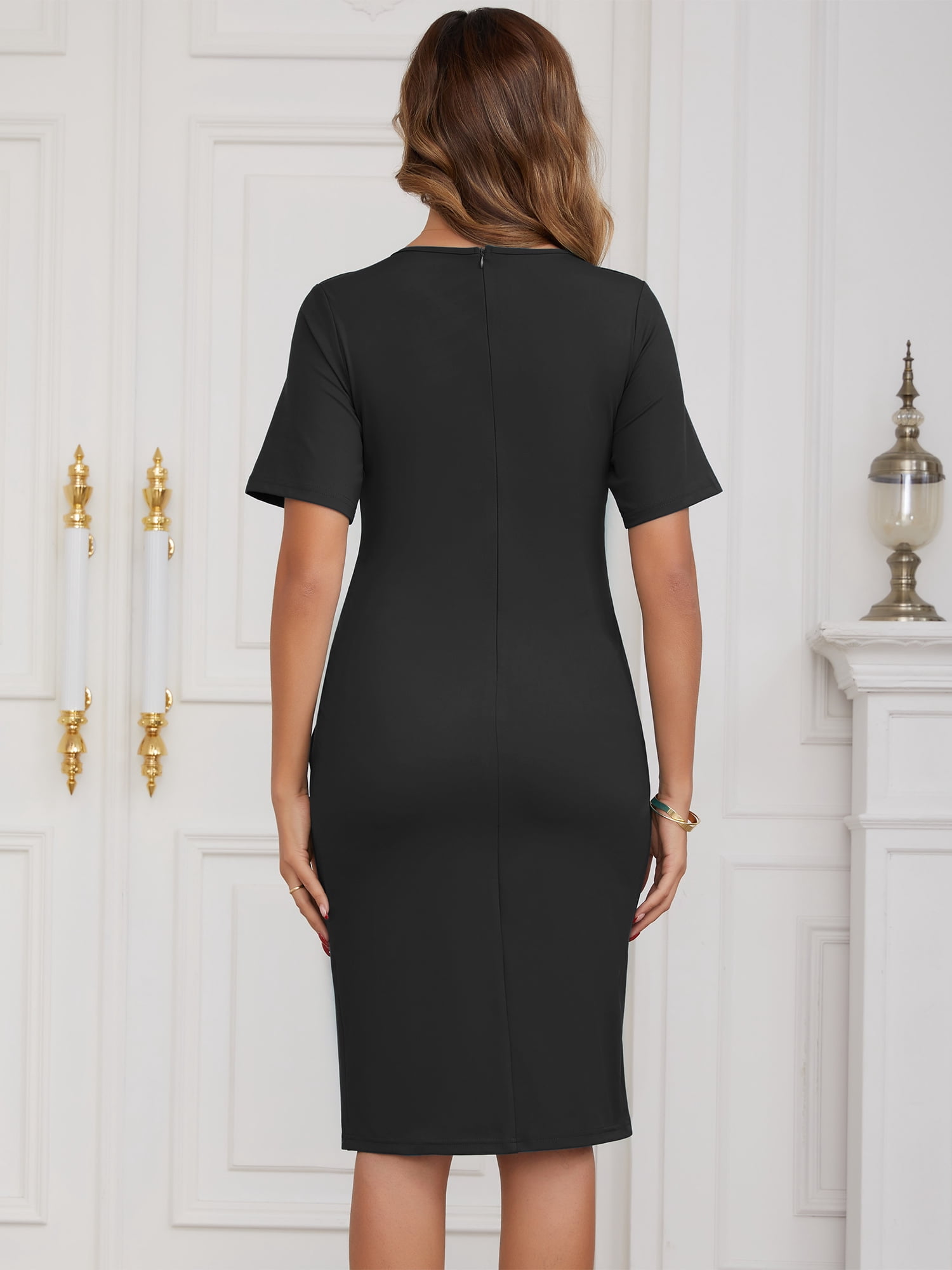 DARING DIVA Women's Maternity Short Sleeve V-Neck Front Pleated Business Dress L Black