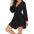 thumbnail image 6 of Aiyino Women's Dress Deep V-Neck Long Sleeve Waist Tie Ruffle Mini Swing Skater Dresses,Black, 6 of 6