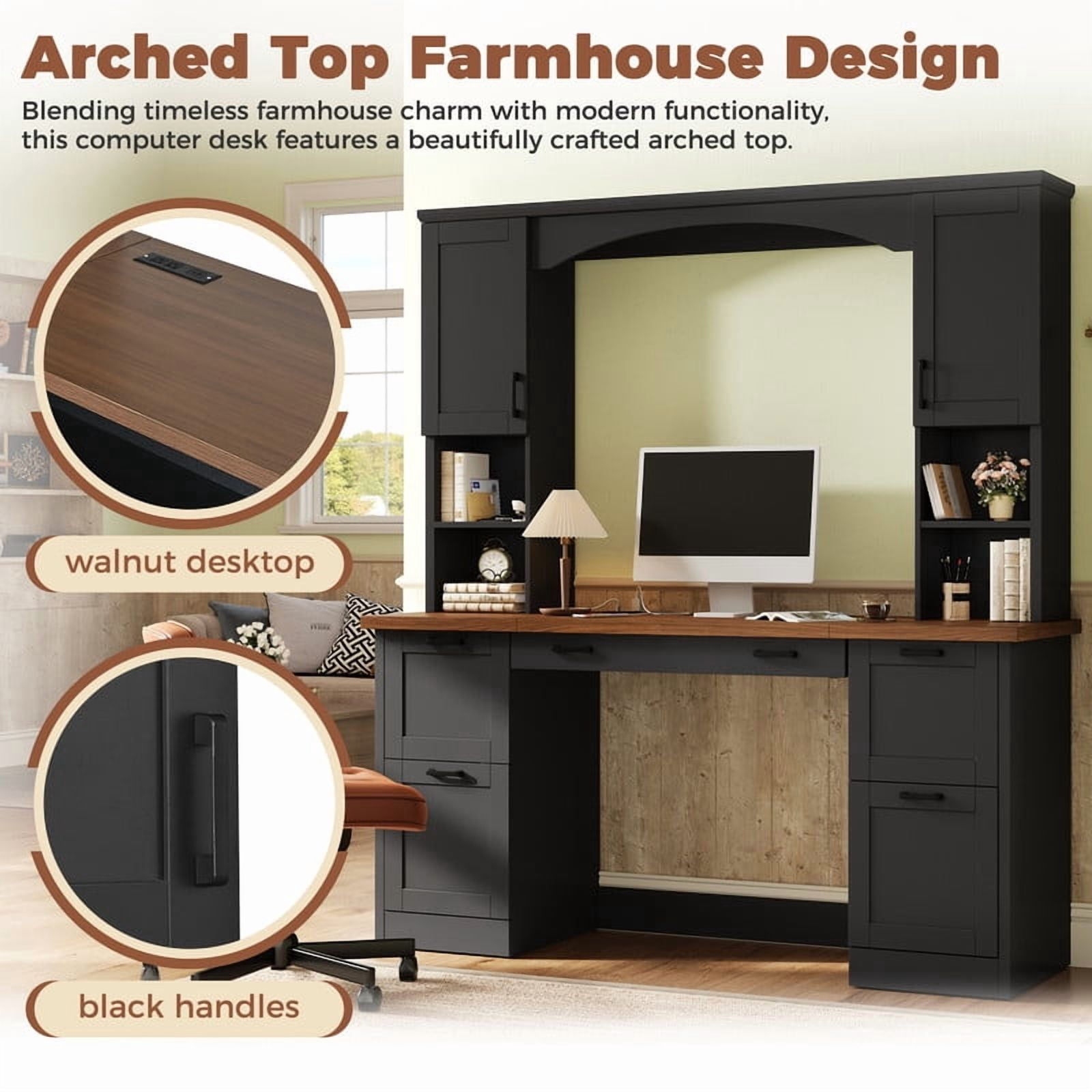 Howcool 68.6"H Farmhouse Arched Computer Desk with Hutch, Workstation with Built-In Charging Station, Keyboard Tray, All-in-One Writing Desk with File Drawer for Home Office