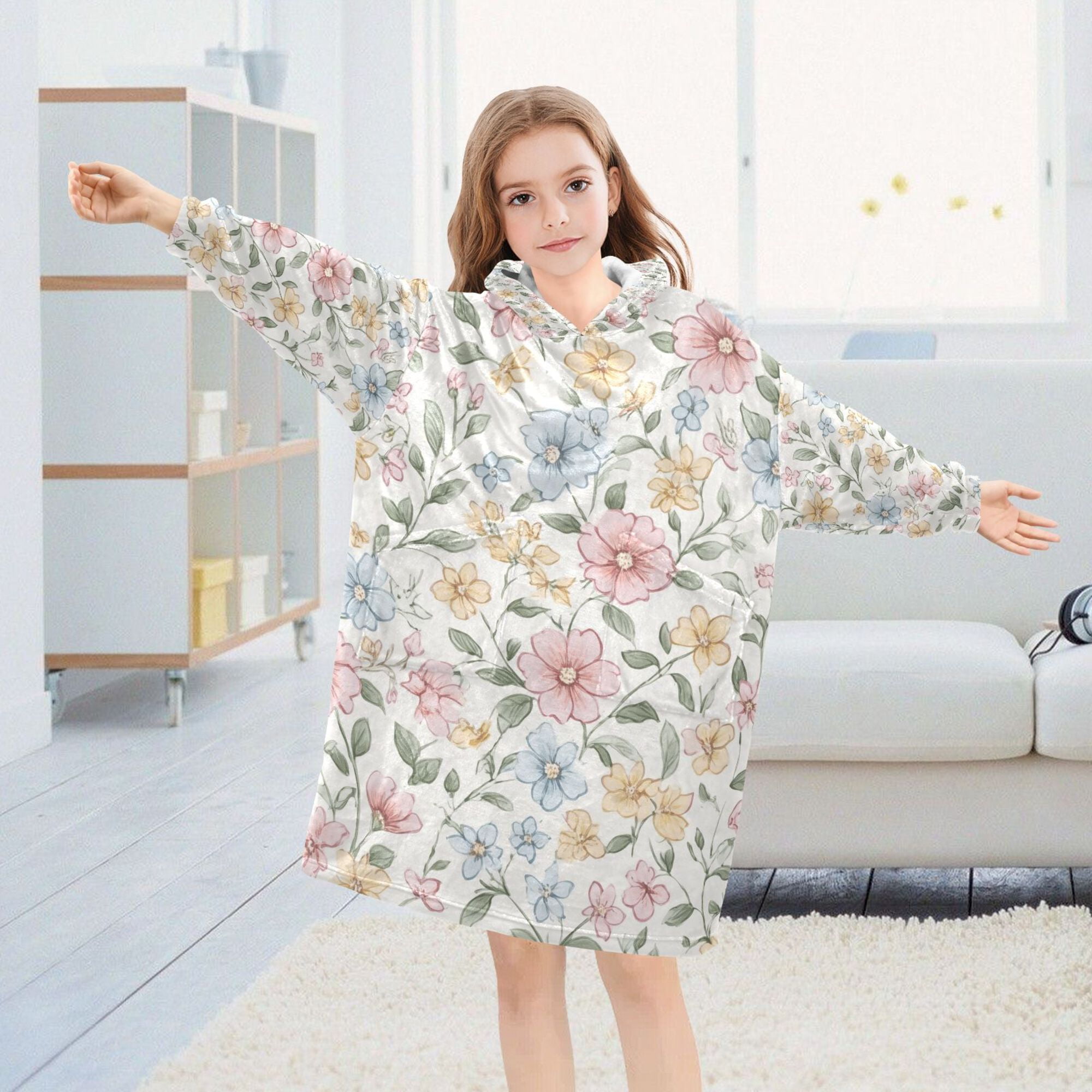 FORMRS Wearable Blanket Hoodie with Sleeves for Kids Cozy Flannel Sweatshirt, Pastel Floral Pattern