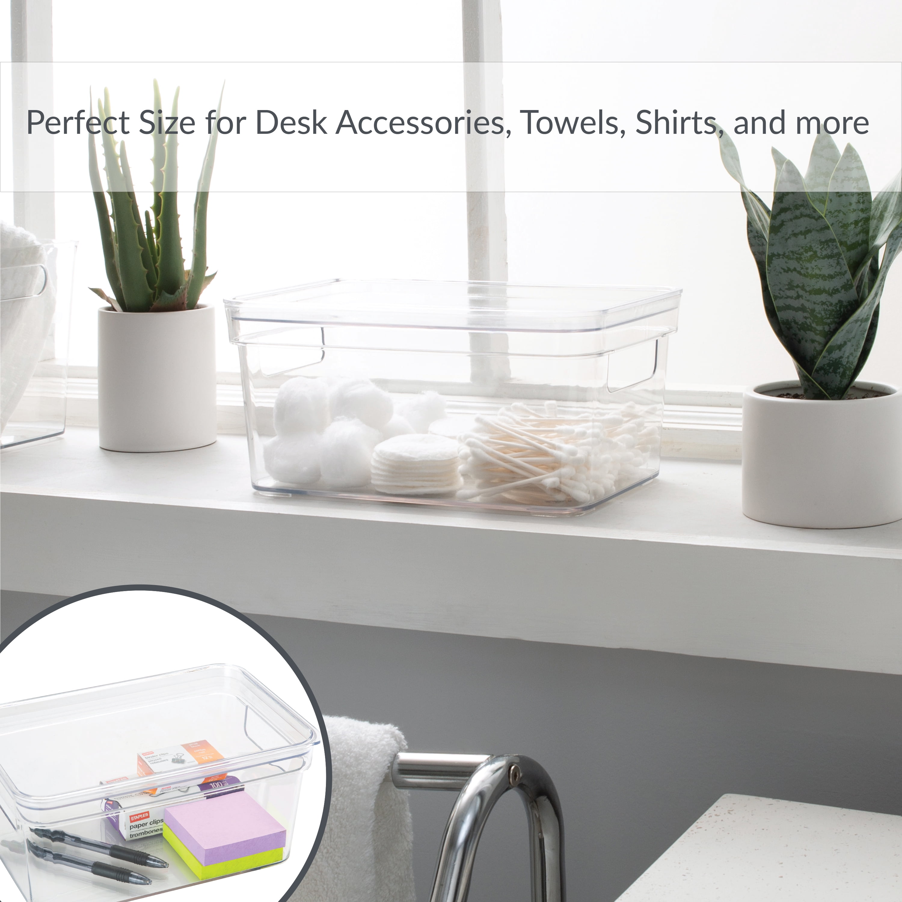 Simplify Small Lidded Plastic Storage Bin Basket with Handles, Clear