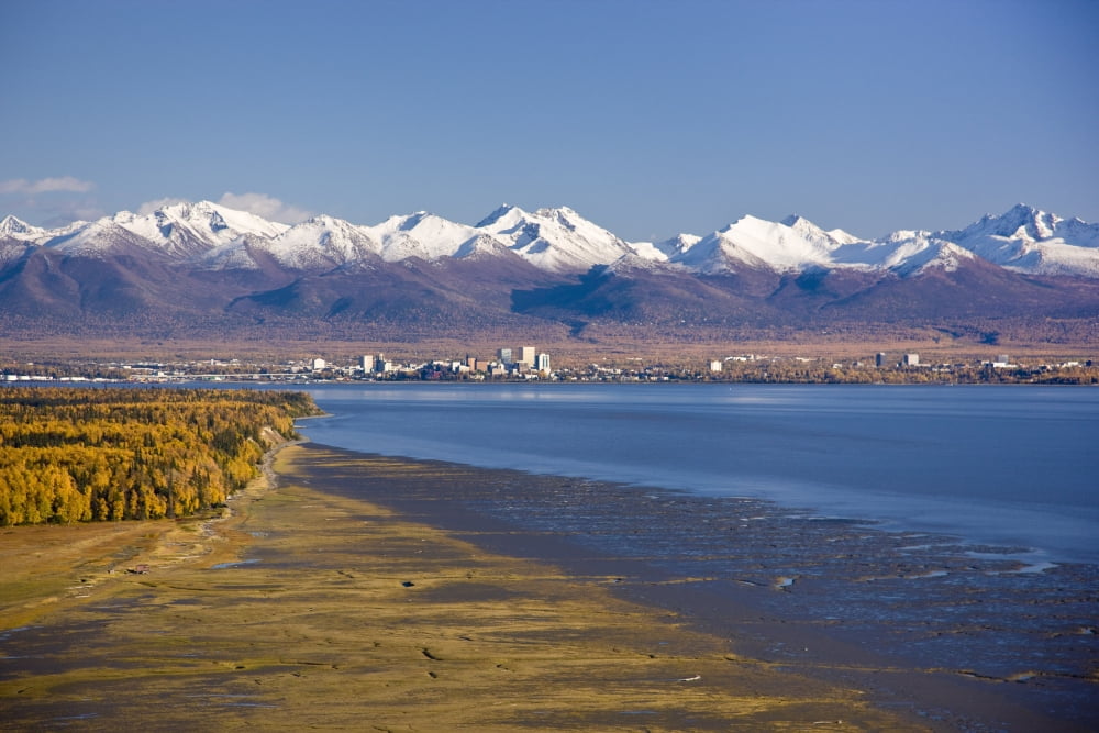 Aerial View Of The Anchorage Skyline Looking Southeast From Point Mackenzie Over Knik Arm With The Chugach Mountains In The Background During Fall Southcentral Alaska Canvas Art - Kevin Smith Design