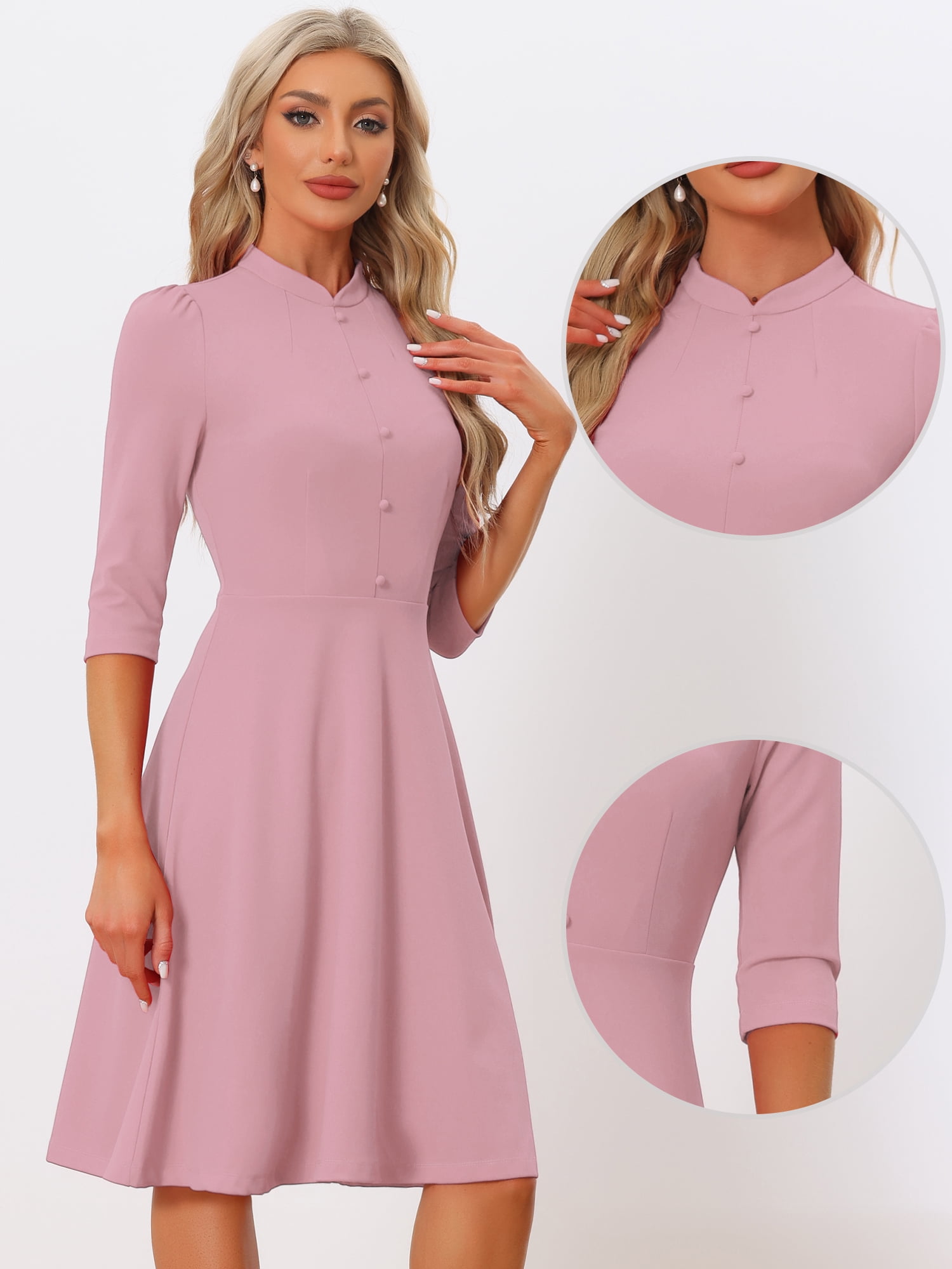 DARING DIVA Women's Sheath 3/4 Sleeves Stand Collar A-Line Dress S Pink