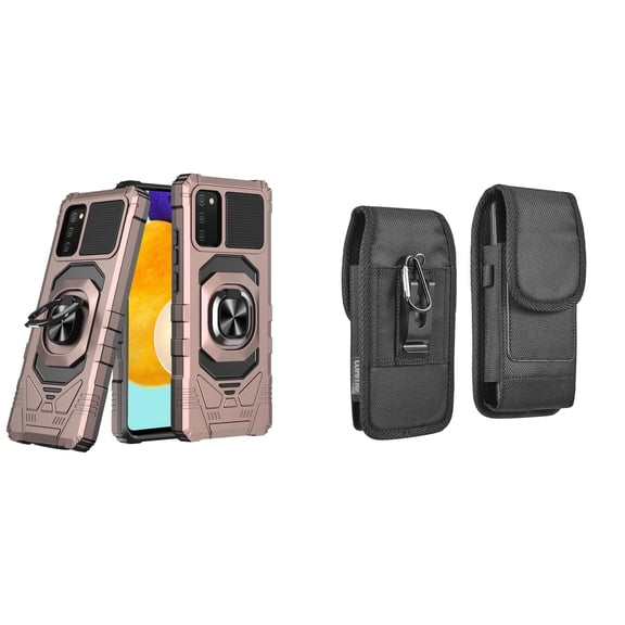 Case with Belt Holster Bundle for Samsung Galaxy A03s: Heavy Duty Series Protection Cover (Rose Gold) and Vertical Rugged Nylon Phone Pouch