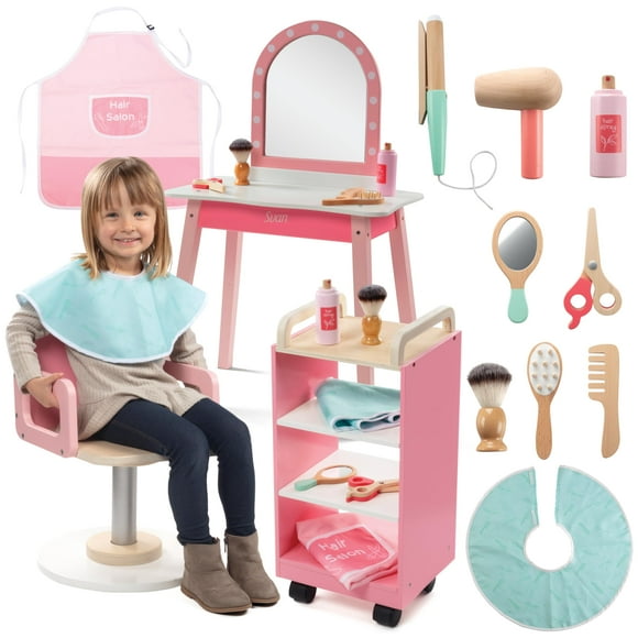 Pretend Hair Salon Wooden Play Set- Full Vanity Mirror w Chair & Rolling Cart- Playset Includes Blow Dryer Brush Styling Cutting Tools - Girls Hair Dresser Stand Stylist Fun Kids Beauty Care Gift