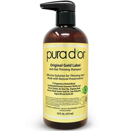 PURA D'OR Original Gold Label Anti-Thinning Shampoo (16oz / 473ml) Clinically Tested - BIOTIN, Argan Oil & Natural DHT Ingredients - Sulfate Free, All Hair Types, Men & Women (Packaging may