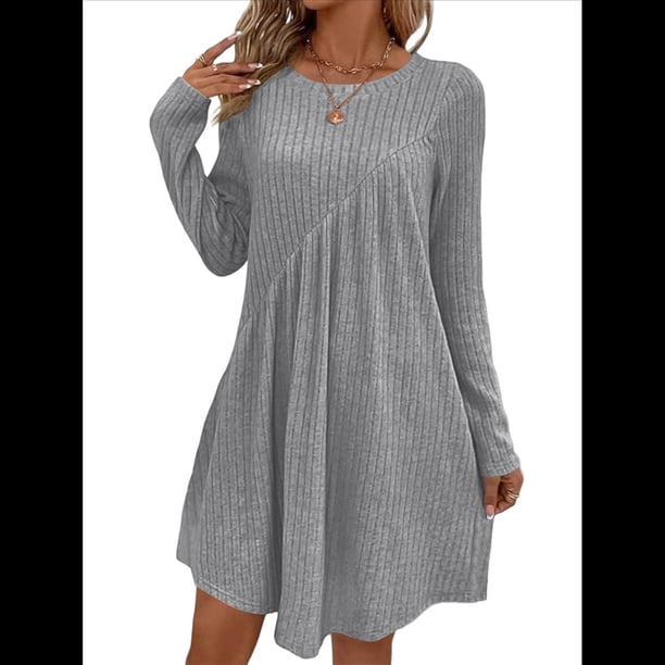 Vestido de Mujer de Larga, Cuello Redondo, Cintura Alta y Cintura Irregular. Gris S