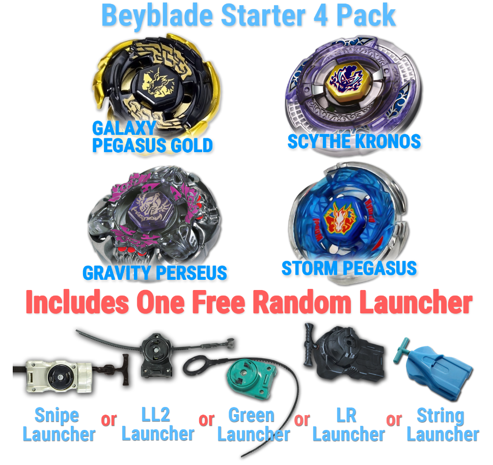 Beyblade 4 Pack Collectors Sets Gravity Perseus Bb 80 Gold Galaxy Pegasus Bb 70 Storm Pegasus Bb 28 Scythe Kronos Bb 113 1 Free Launcher From Metal Fusion Metal Fury Metal Master Series Walmart Com