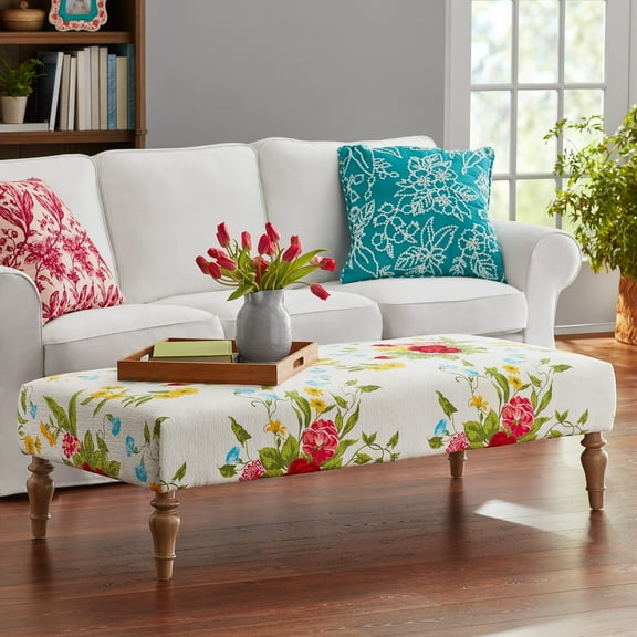The Pioneer Woman Vintage Floral Fabric Rectangular Ottoman, White