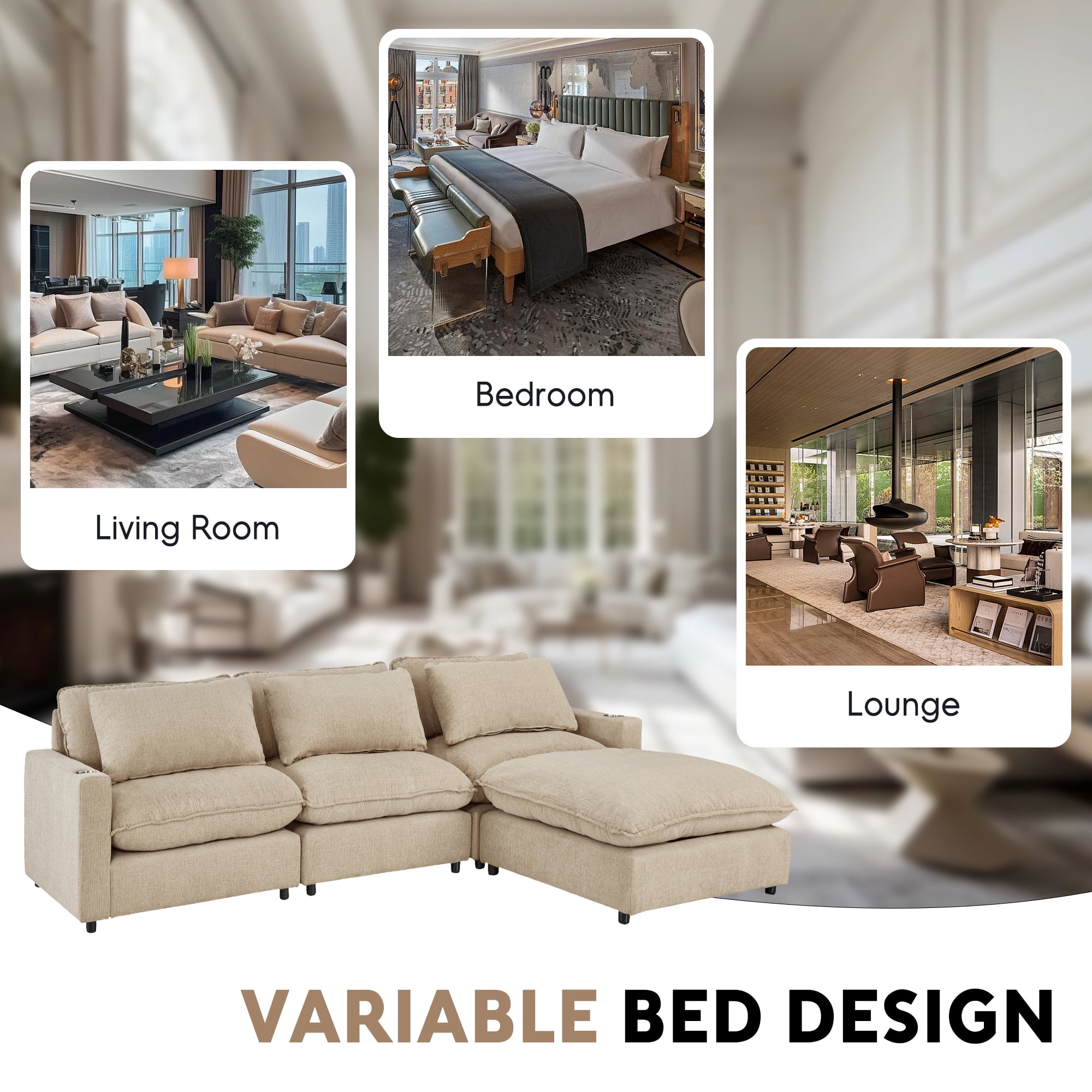Aukfa 128" Modular Sectional Sofa with Cup Holders, Chenille L Shaped Couch with Convertible Chaise, Beige