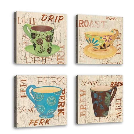 Set of 4 - Morning Coffee IV - Contemporary Fine Art Giclee on Canvas Gallery Wrap - wall décor - Art painting - 14 x 14 Inch - Ready to Hang