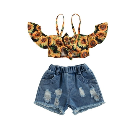 

2Pcs Summer Toddler Baby Girl Sleeveless Print Ruffles Tops+Denim Shorts Jeans Pants Outfit Sets