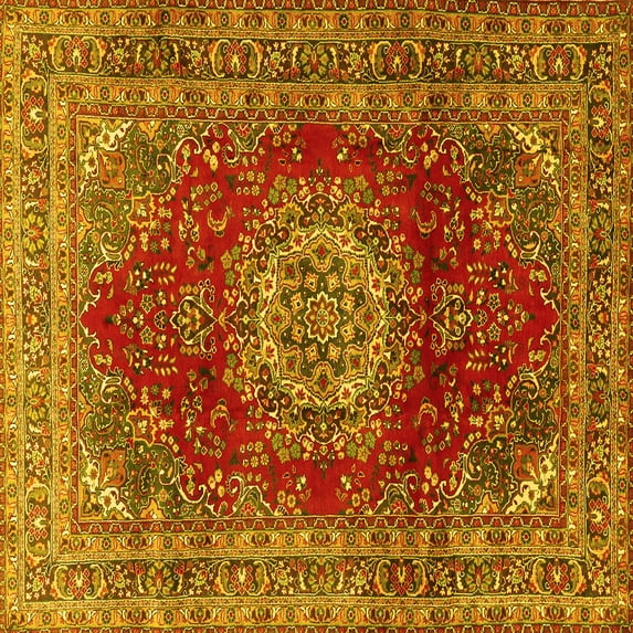 Ahgly Company Machine Washable Indoor Square Medallion Yellow Traditional Area Rugs, 8' Square